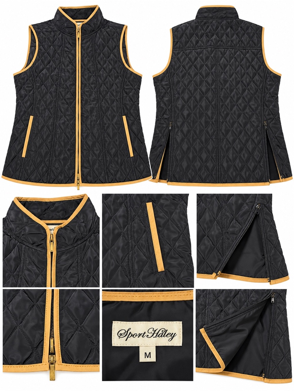 Sport Haley Black Quilted Vest with Yellow-Gold Trim